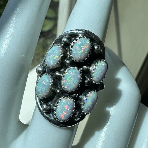 Navajo Rita Dawes Sterling Silver Ring Size 7.75 Sturdy Saddleback Opal 8.4g - Picture 2 of 9